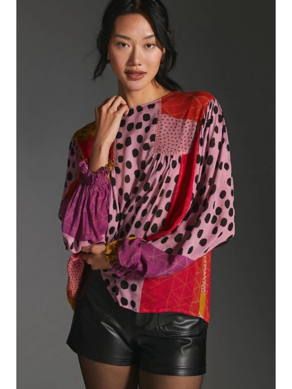 Anthropologie Bl-Nk Miranda Peasant Blouse Patchwork Long Sleeve Pink S